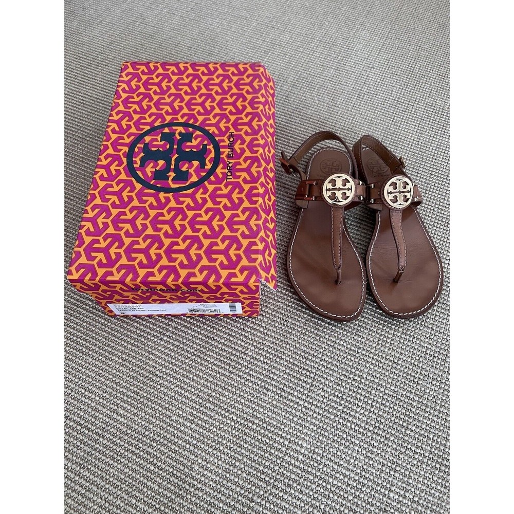 $239 EUC Tory Burch Cassia Flat Thong Tan Gladiator Sandals Miller 8 38 38.5 M